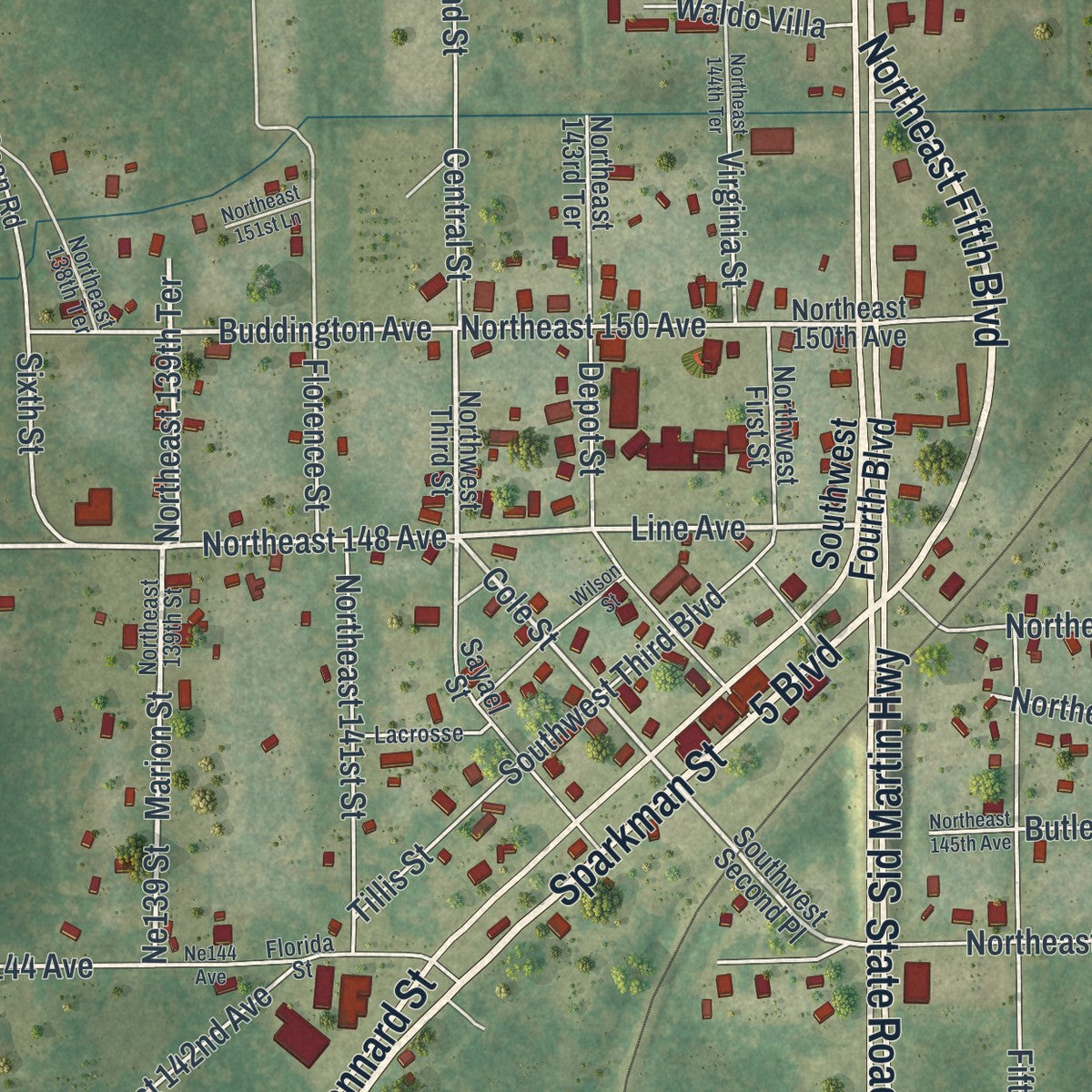 Close-up 1 of the Waldo, Florida map artwork