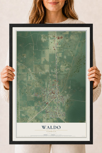 Waldo, Florida map print, 18" x 24" W/ Black Ayous Wood Frame mockup