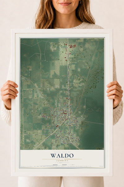 Waldo, Florida map print, 18" x 24" W/ White Ayous Wood Frame mockup