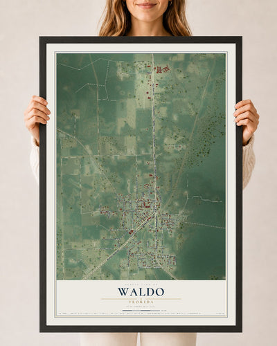 Waldo, Florida map print, 24" x 36" W/ Black Ayous Wood Frame mockup