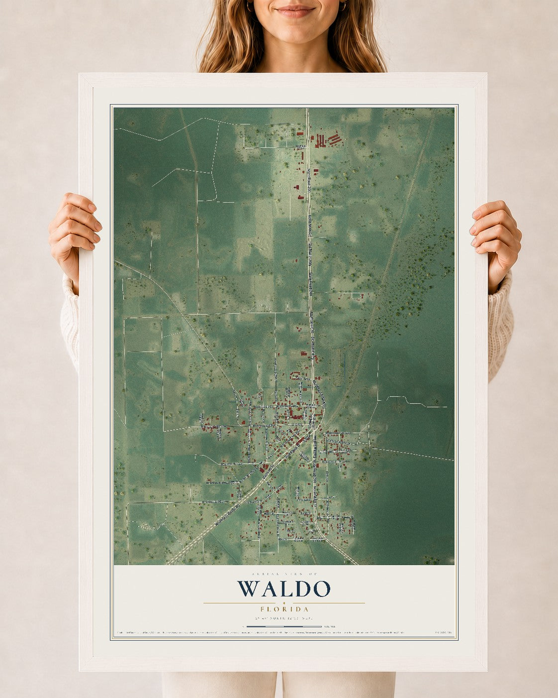 Waldo, Florida map print, 24" x 36" W/ White Ayous Wood Frame mockup