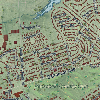 Close-up of the map of Warrington, Florida print showing street and building detail