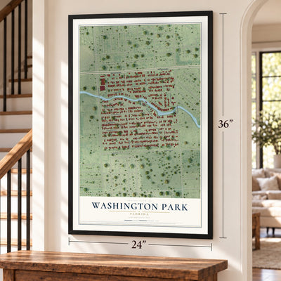 Washington Park, Florida map, 24 x 36 inch print in a black frame by a staircase