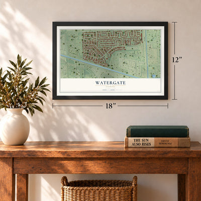 Watergate, Florida map, 12 x 18 inch print in a black frame in an entryway