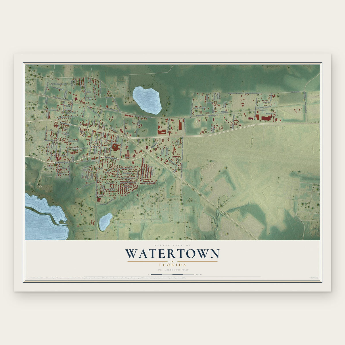 Watertown, Florida map print, the full design