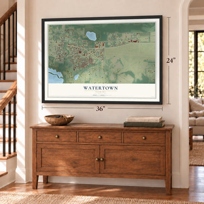 Watertown, Florida map, 24 x 36 inch print in a black frame above a dresser by a staircase