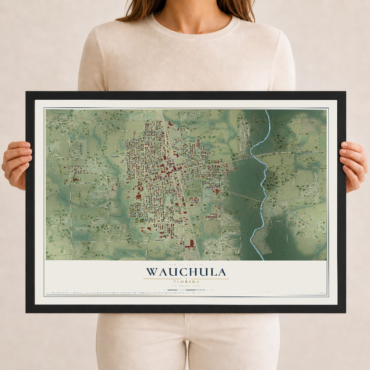Wauchula, Florida map print, 12" x 18" W/ Black Ayous Wood Frame mockup