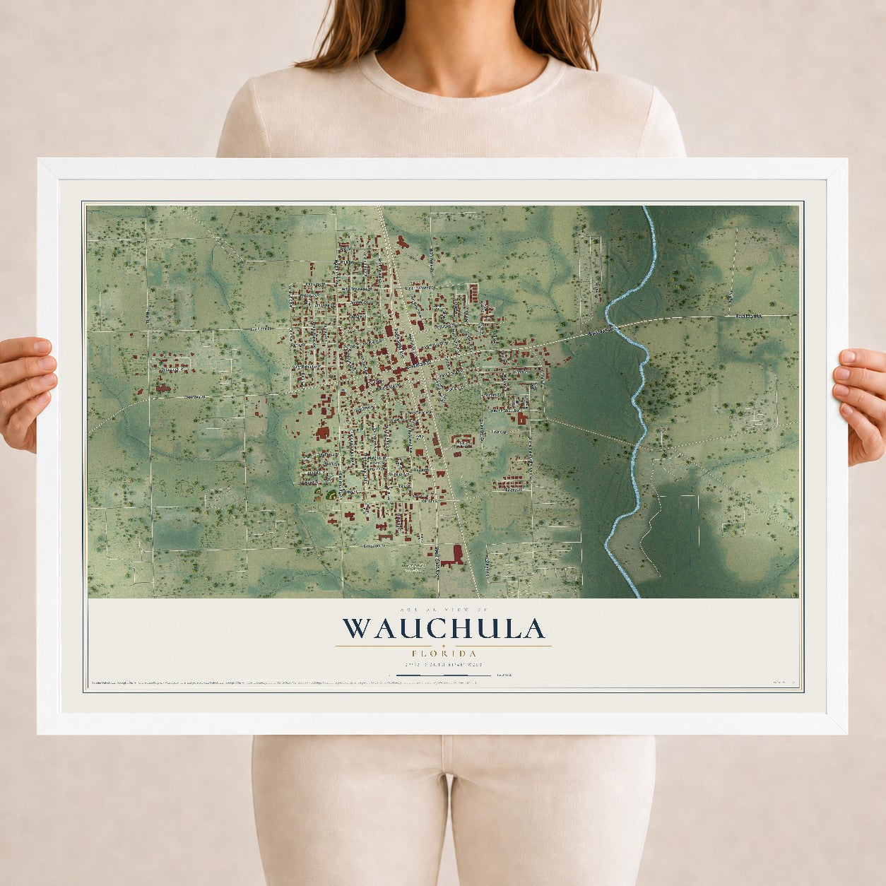 Wauchula, Florida map print, 18" x 24" W/ White Ayous Wood Frame mockup