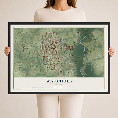 Wauchula, Florida map print, 24" x 36" W/ Black Ayous Wood Frame mockup