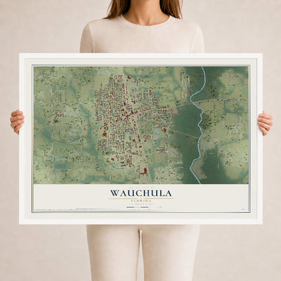 Wauchula, Florida map print, 24" x 36" W/ White Ayous Wood Frame mockup