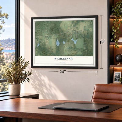 Waukeenah, Florida map, 18 x 24 inch print in a black frame in a home office