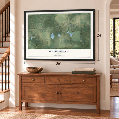 Waukeenah, Florida map, 24 x 36 inch print in a black frame above a dresser by a staircase