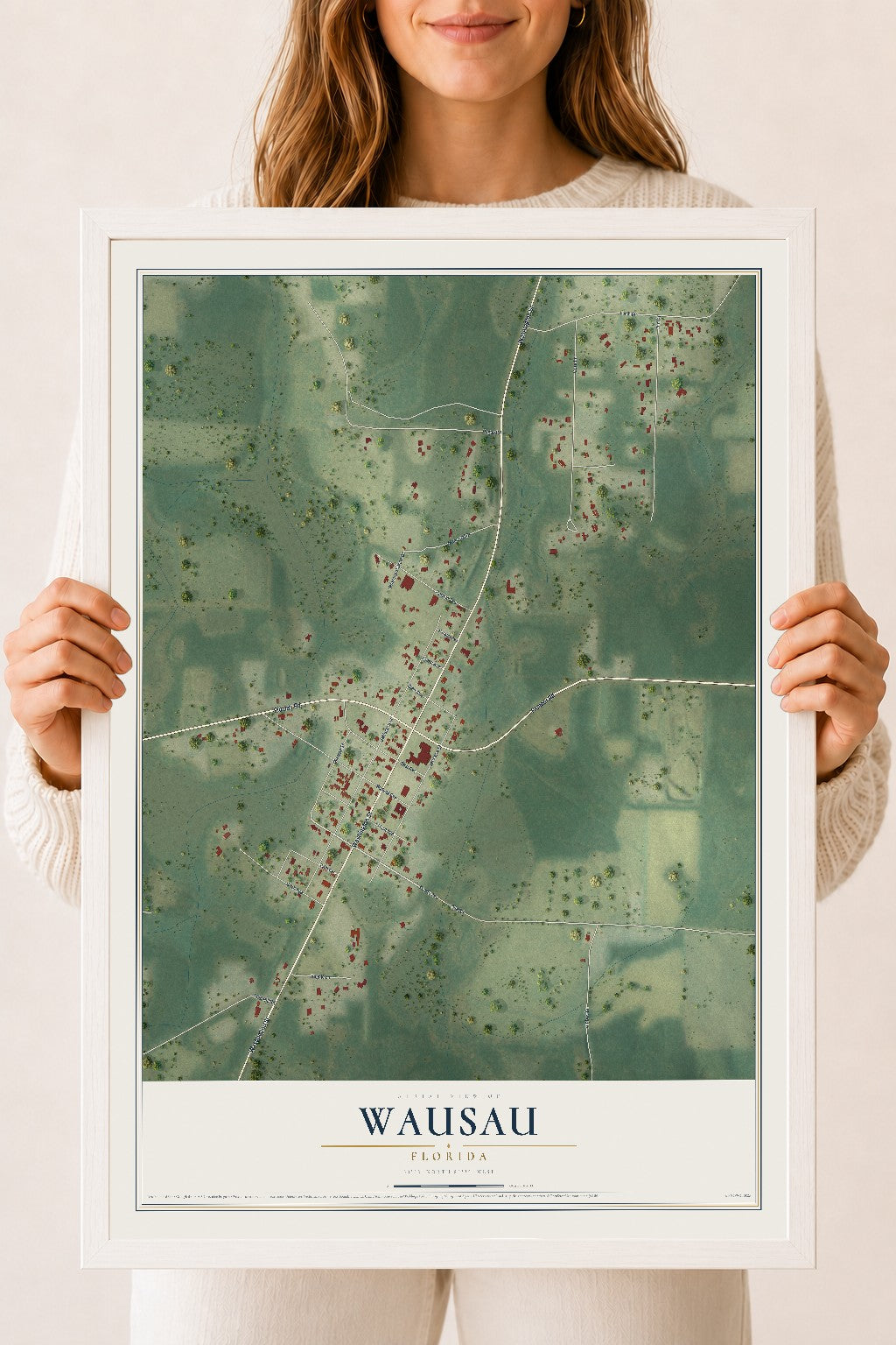 Wausau, Florida map print, 18" x 24" W/ White Ayous Wood Frame mockup