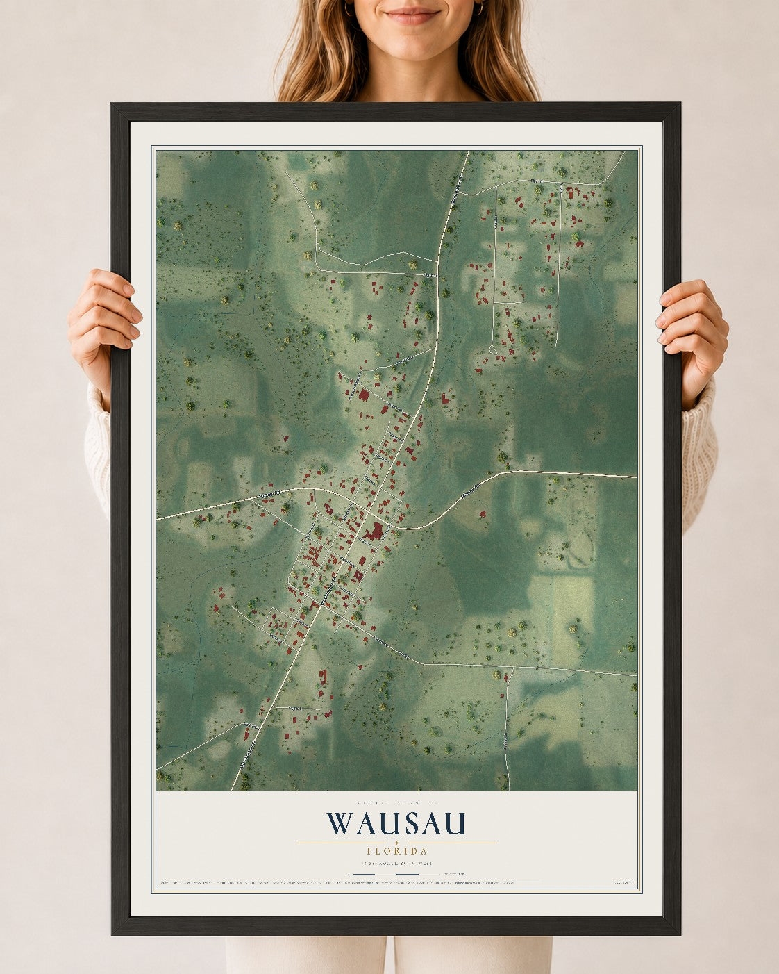 Wausau, Florida map print, 24" x 36" W/ Black Ayous Wood Frame mockup