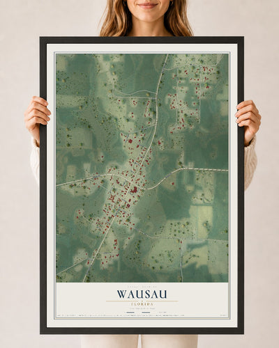Wausau, Florida map print, 24" x 36" W/ Black Ayous Wood Frame mockup