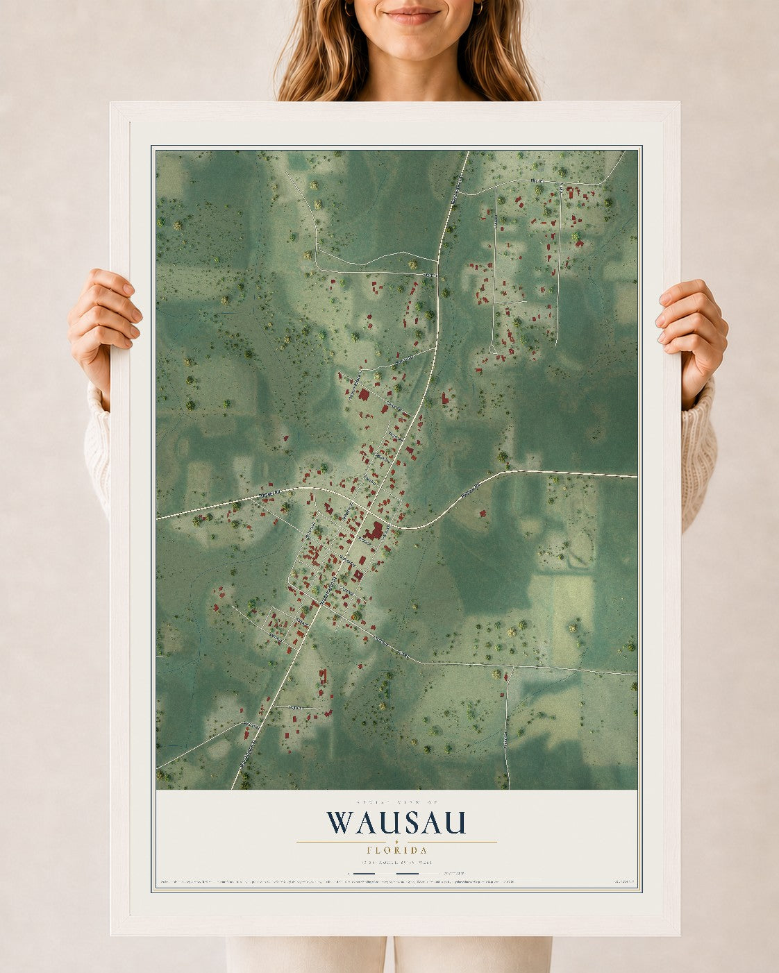 Wausau, Florida map print, 24" x 36" W/ White Ayous Wood Frame mockup