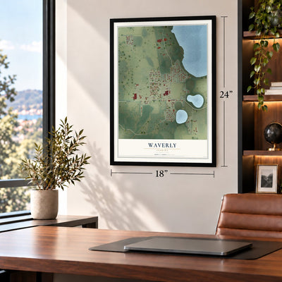 Waverly, Florida map, 18 x 24 inch print in a black frame in a home office