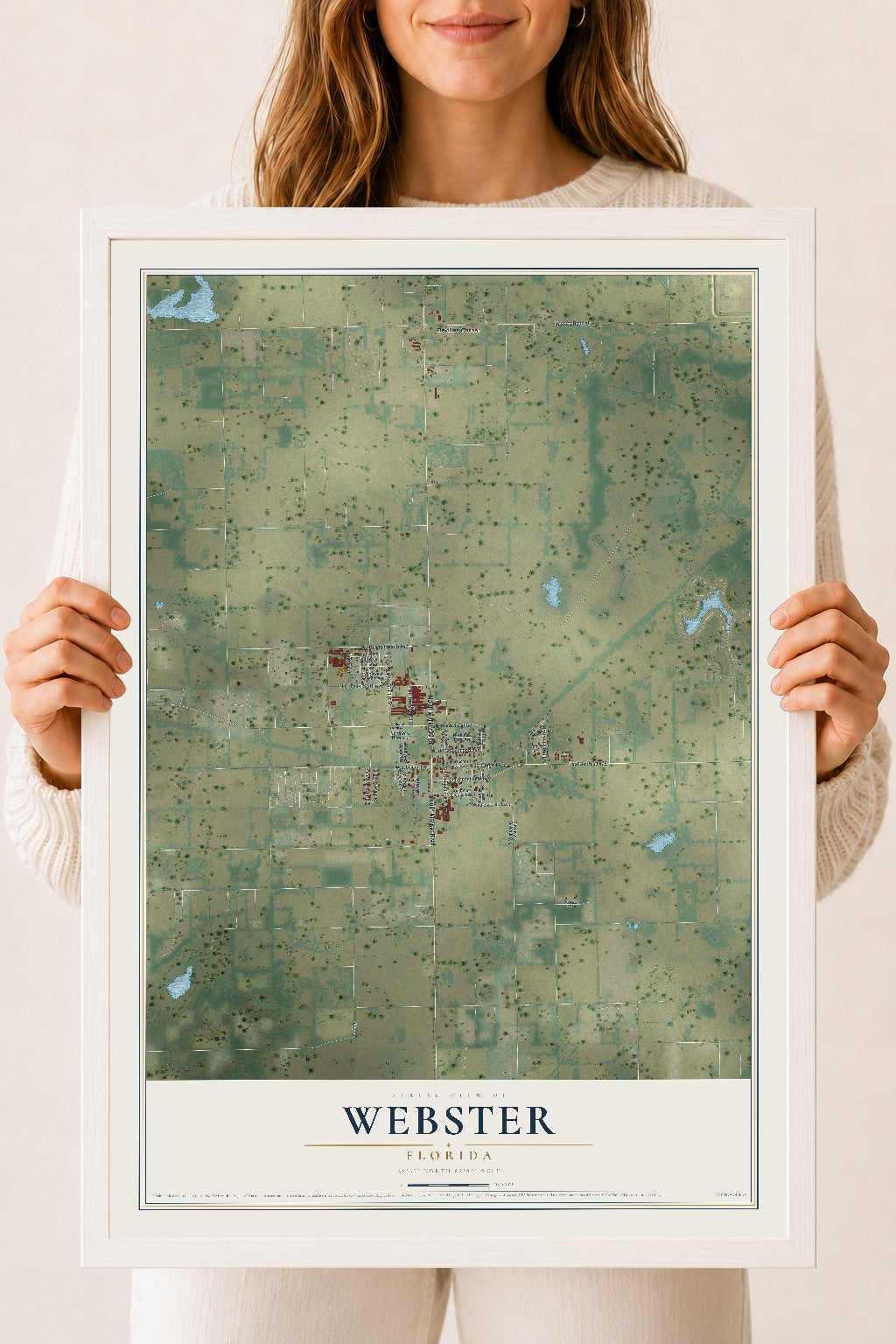 Webster, Florida map print, 18" x 24" W/ White Ayous Wood Frame mockup
