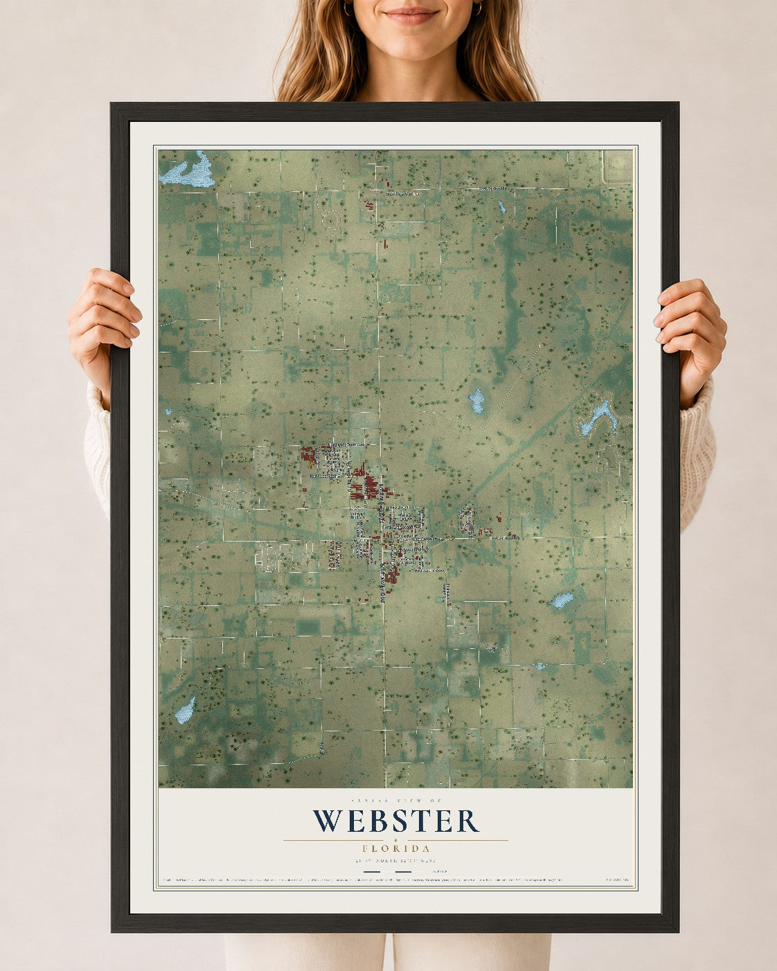Webster, Florida map print, 24" x 36" W/ Black Ayous Wood Frame mockup