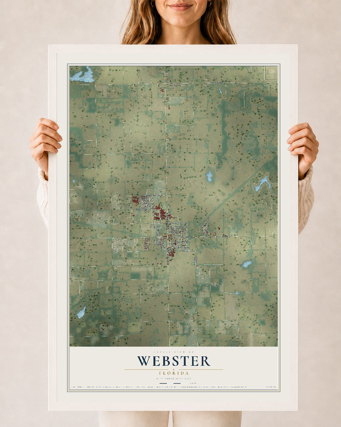 Webster, Florida map print, 24" x 36" W/ White Ayous Wood Frame mockup