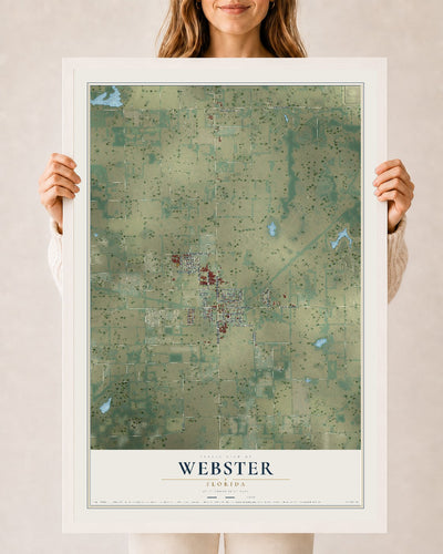 Webster, Florida map print, 24" x 36" W/ White Ayous Wood Frame mockup