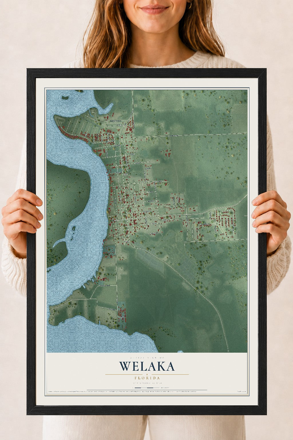 Welaka, Florida map print, 18" x 24" W/ Black Ayous Wood Frame mockup