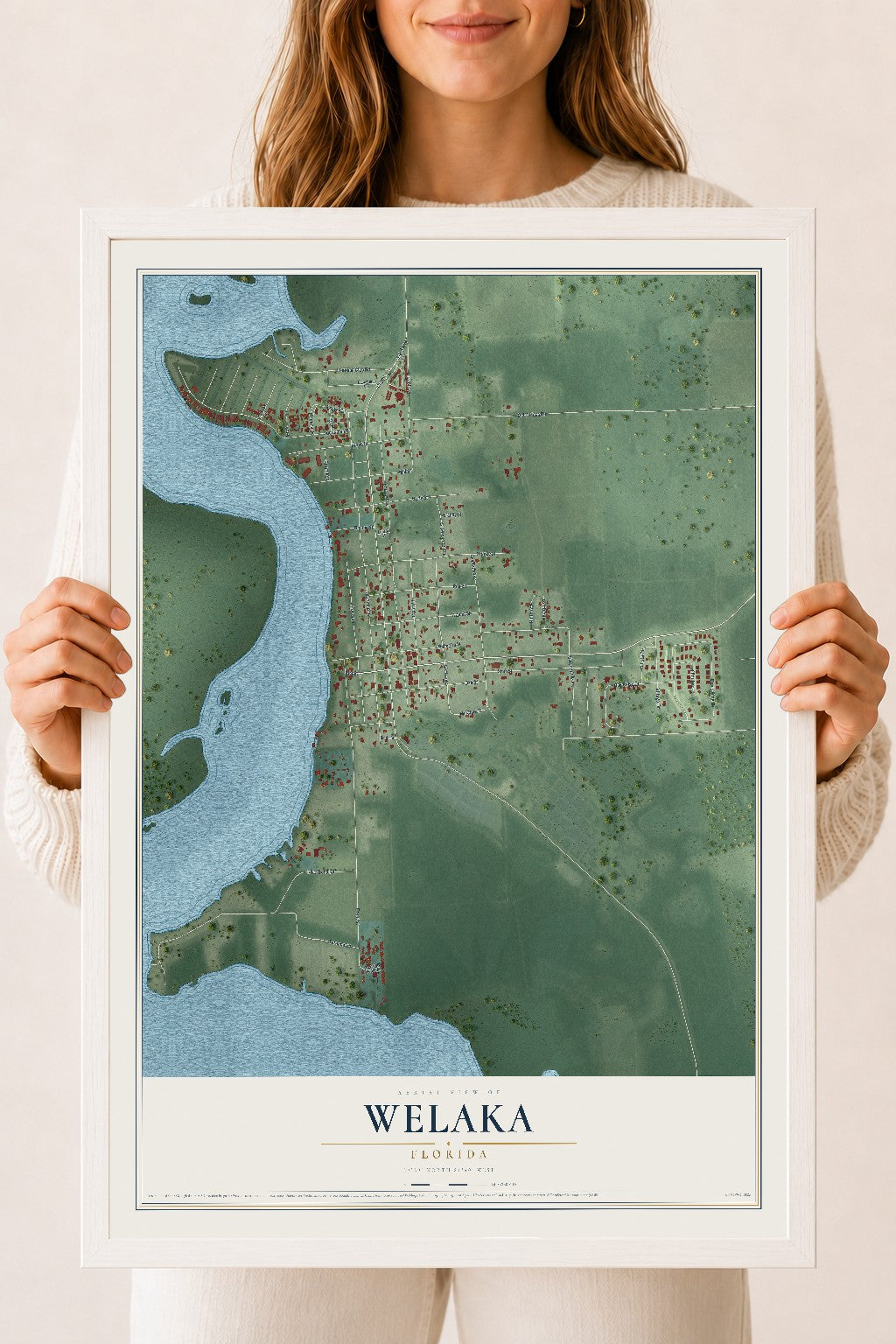Welaka, Florida map print, 18" x 24" W/ White Ayous Wood Frame mockup