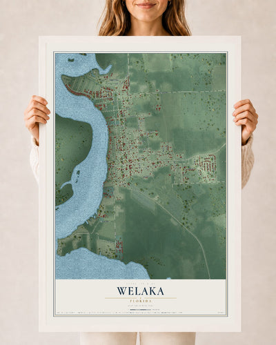 Welaka, Florida map print, 24" x 36" W/ White Ayous Wood Frame mockup