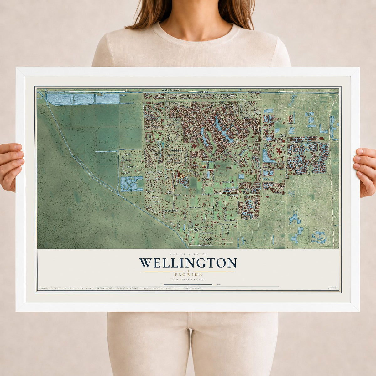 Wellington, Florida map print, 18" x 24" W/ White Ayous Wood Frame mockup