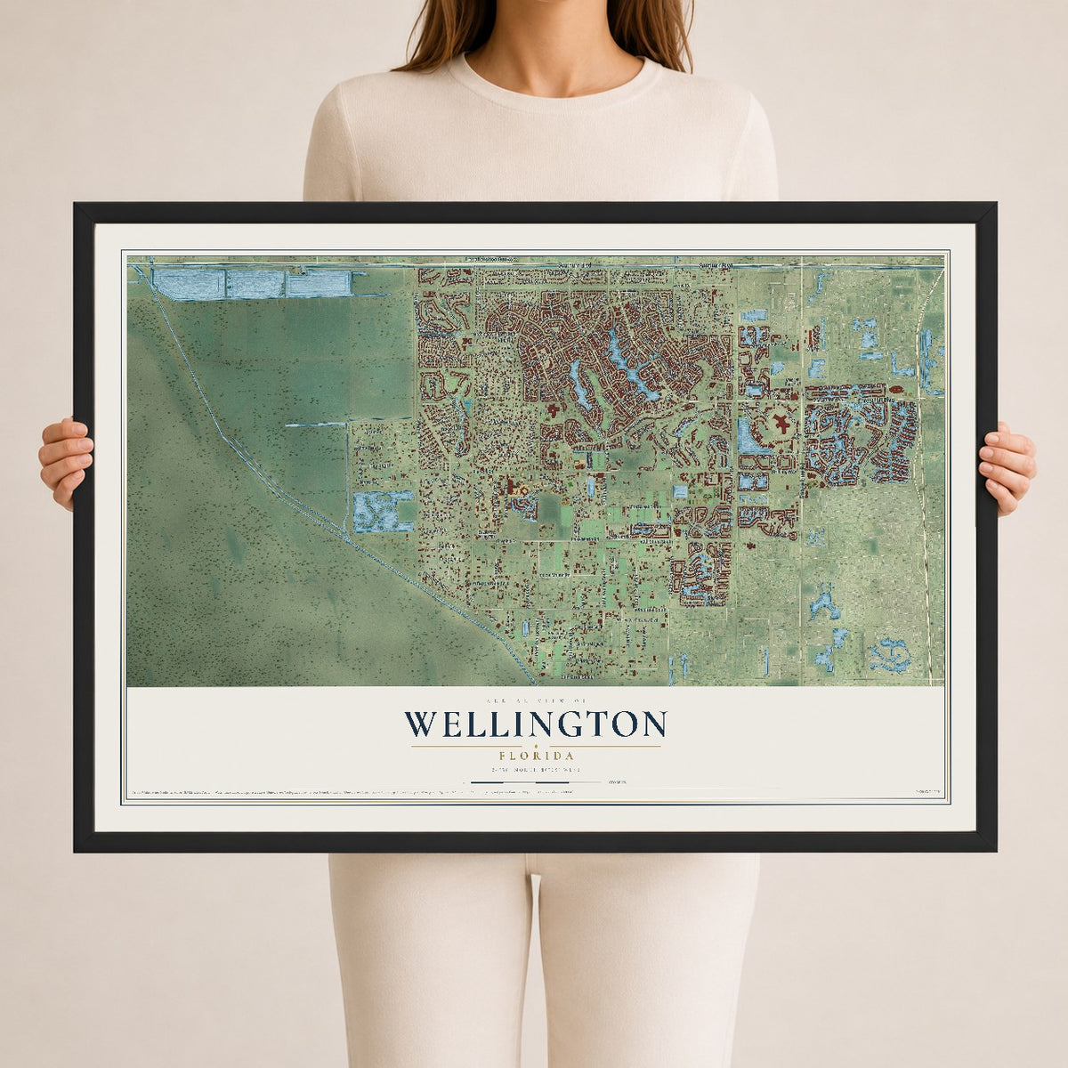 Wellington, Florida map print, 24" x 36" W/ Black Ayous Wood Frame mockup