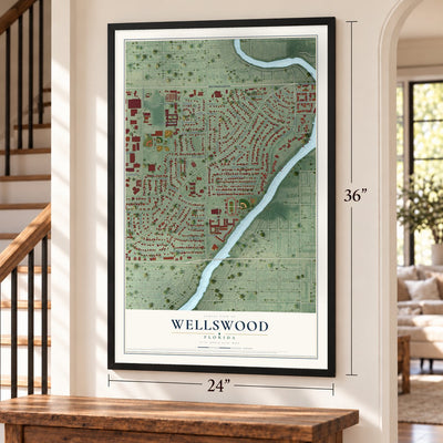 Wellswood, Florida map, 24 x 36 inch print in a black frame by a staircase