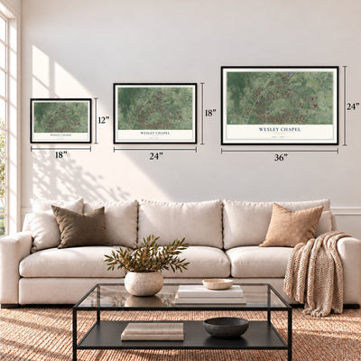 Wesley Chapel, Florida map in 12 x 18, 18 x 24 and 24 x 36 inch sizes above a sofa