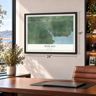 West Bay, Florida map, 18 x 24 inch print in a black frame in a home office