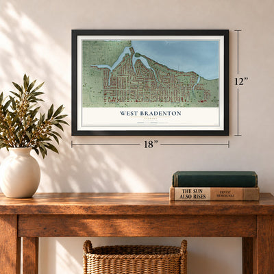 West Bradenton, Florida map, 12 x 18 inch print in a black frame in an entryway