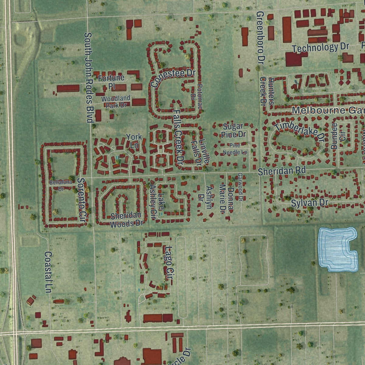 Close-up 2 of the West Melbourne, Florida map artwork