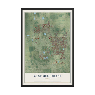 West Melbourne, Florida map print, 12" x 18" W/ Black Ayous Wood Frame mockup