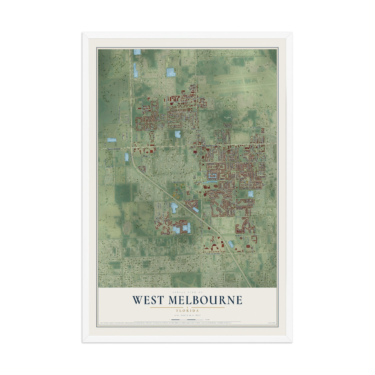 West Melbourne, Florida map print, 12" x 18" W/ White Ayous Wood Frame mockup