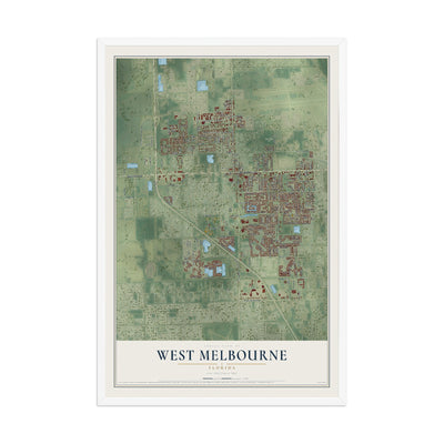 West Melbourne, Florida map print, 12" x 18" W/ White Ayous Wood Frame mockup