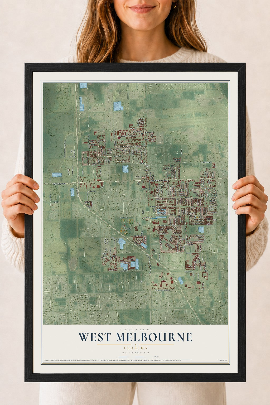 West Melbourne, Florida map print, 18" x 24" W/ Black Ayous Wood Frame mockup