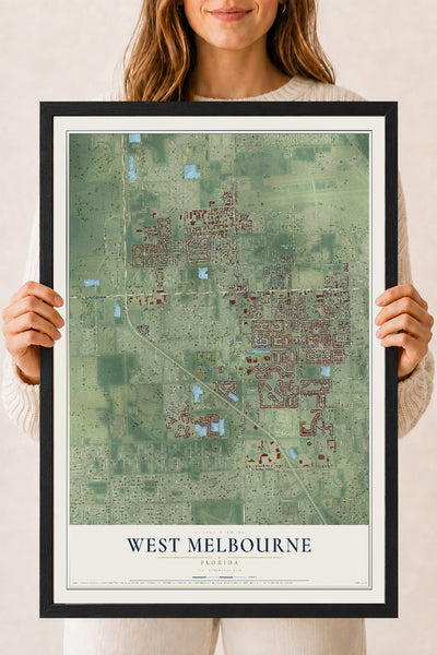 West Melbourne, Florida map print, 18" x 24" W/ Black Ayous Wood Frame mockup