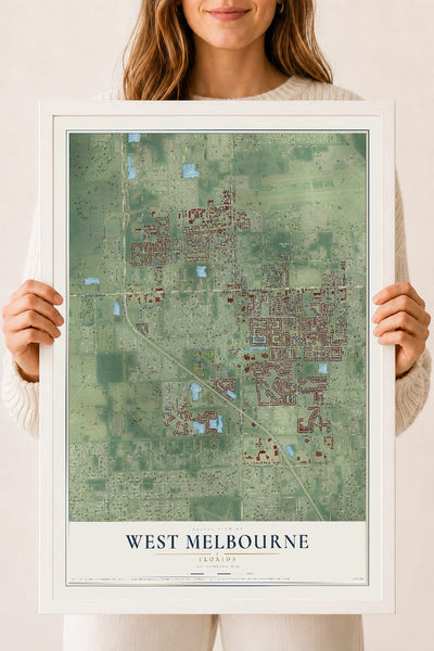 West Melbourne, Florida map print, 18" x 24" W/ White Ayous Wood Frame mockup