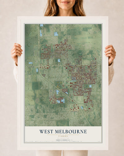 West Melbourne, Florida map print, 24" x 36" W/ White Ayous Wood Frame mockup