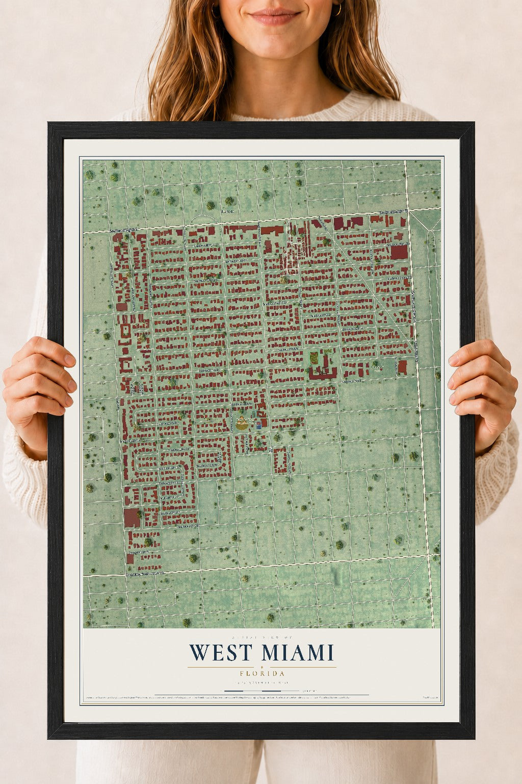 West Miami, Florida map print, 18" x 24" W/ Black Ayous Wood Frame mockup