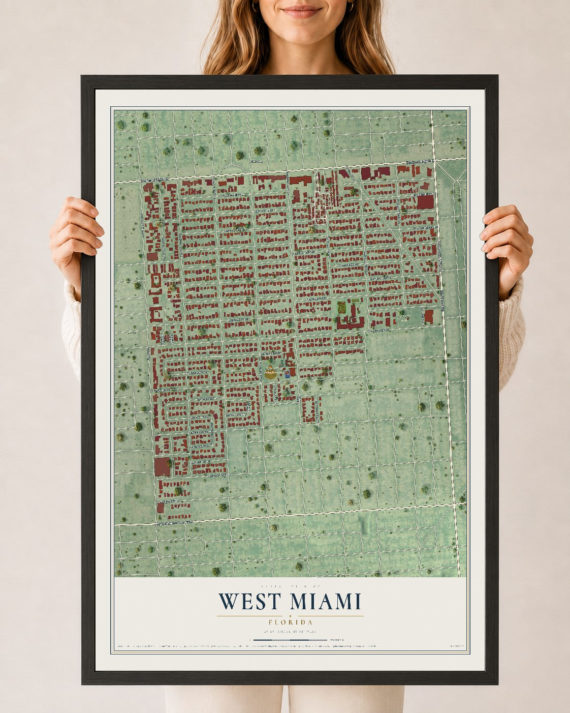West Miami, Florida map print, 24" x 36" W/ Black Ayous Wood Frame mockup