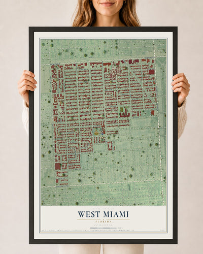 West Miami, Florida map print, 24" x 36" W/ Black Ayous Wood Frame mockup