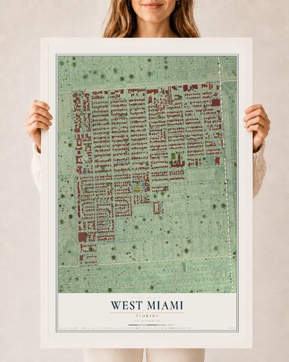West Miami, Florida map print, 24" x 36" W/ White Ayous Wood Frame mockup