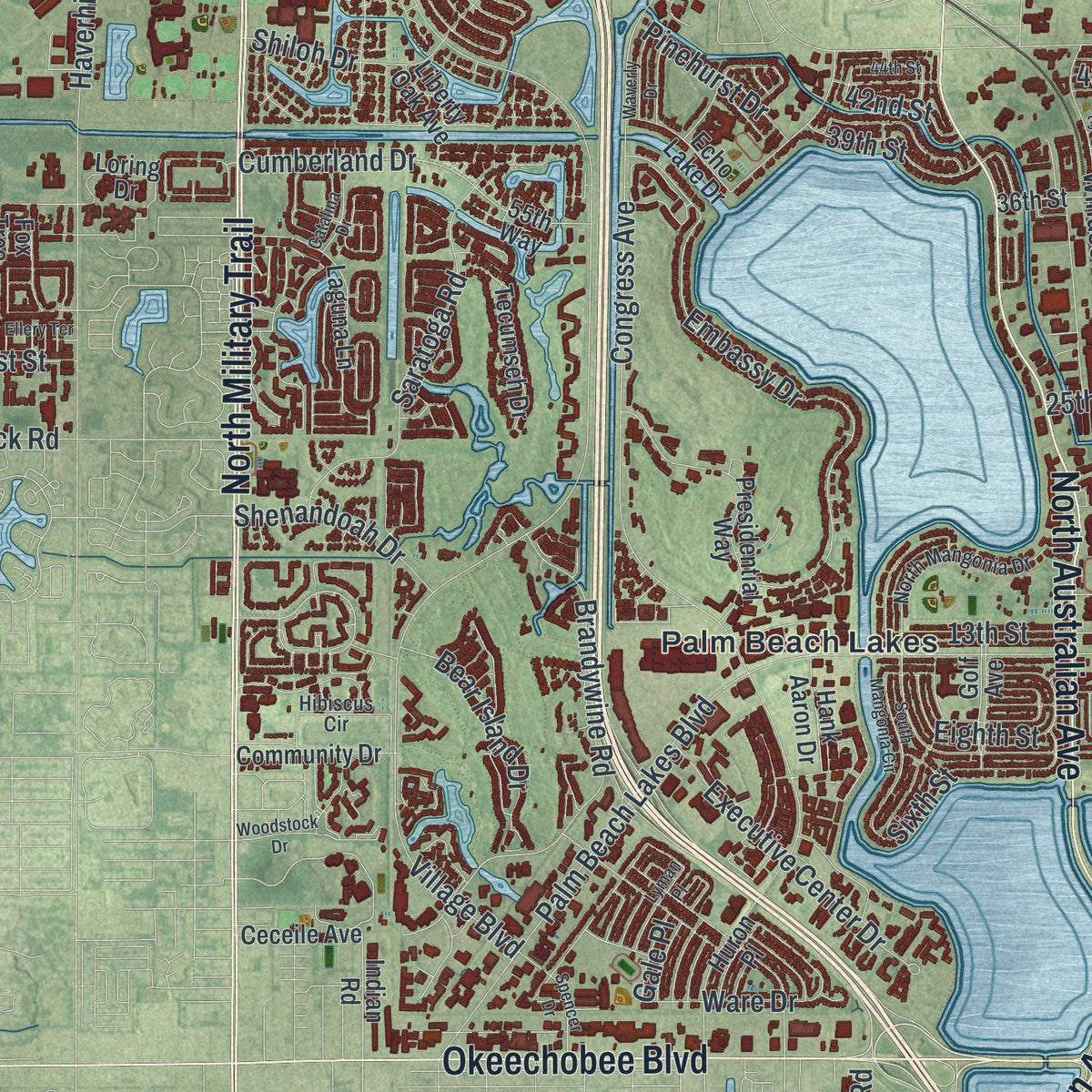 Close-up 1 of the West Palm Beach, Florida map artwork