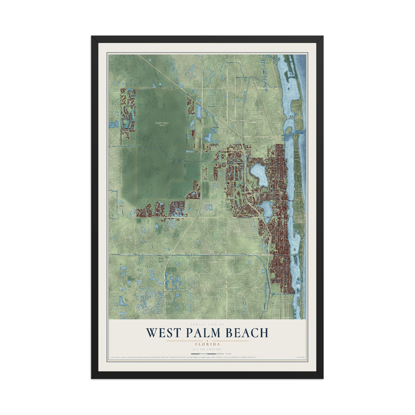 West Palm Beach, Florida map print, 12" x 18" W/ Black Ayous Wood Frame mockup