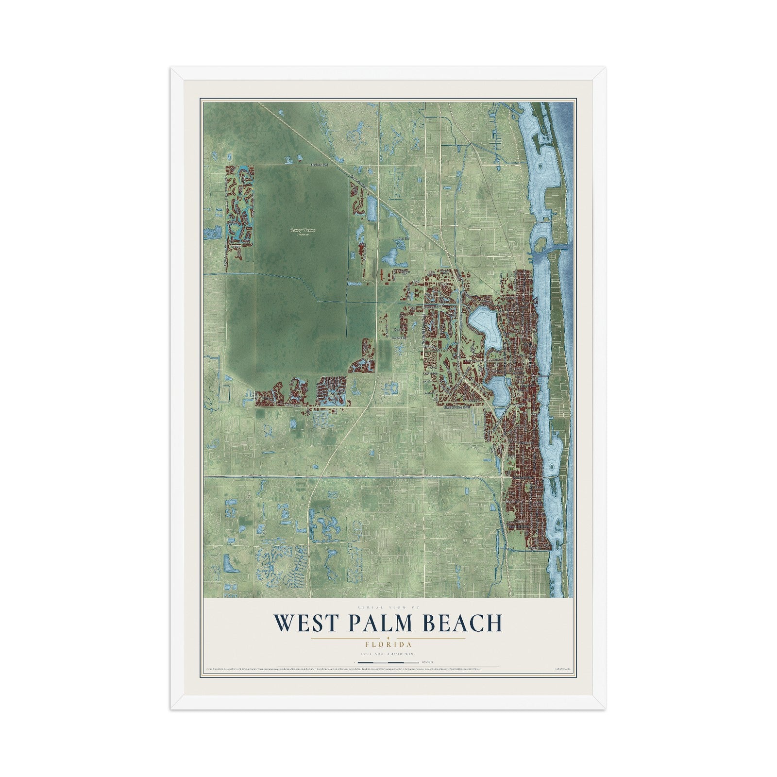 West Palm Beach, Florida map print, 12" x 18" W/ White Ayous Wood Frame mockup