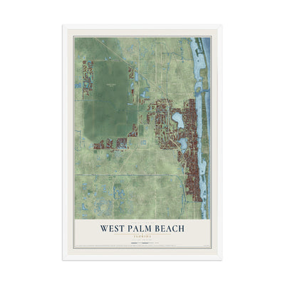West Palm Beach, Florida map print, 12" x 18" W/ White Ayous Wood Frame mockup